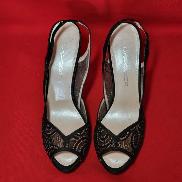 Caparros Black Lace High Heel Open Toe 9B Womens Shoes - Picture 13 of 13